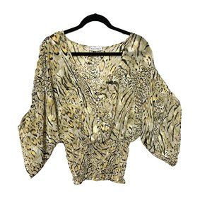 Kaelyn- Max Womens Blouse Large V Neck Gathered Waist Dolman Sleeve Sheer Animal